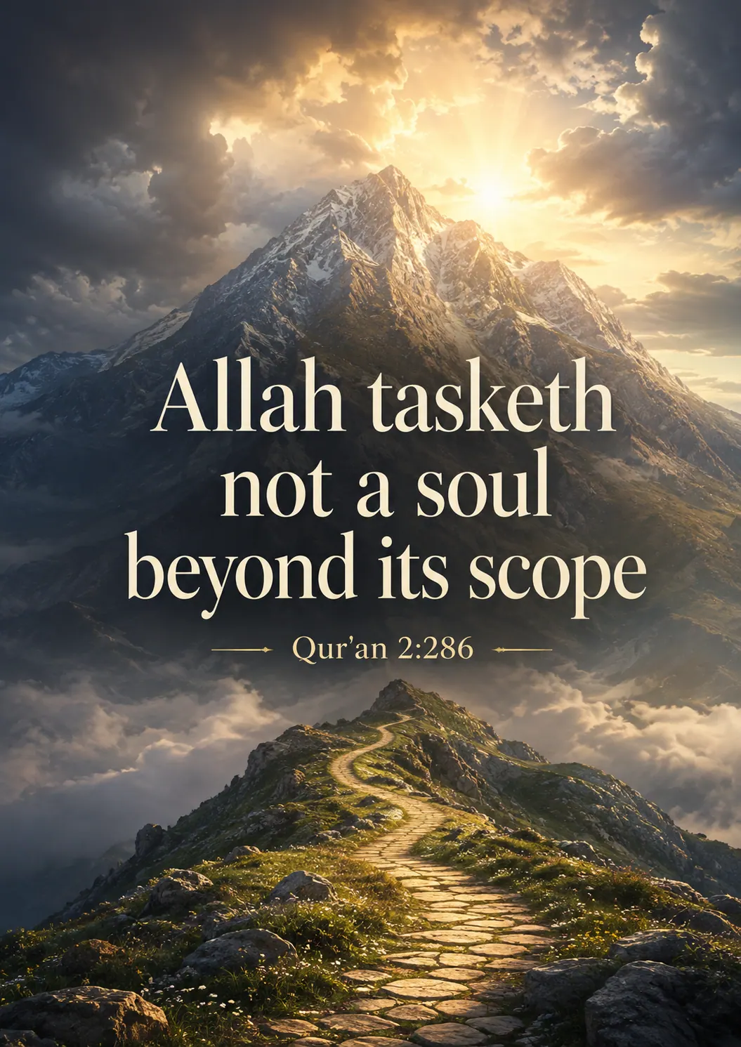 Allah tasketh not a soul beyond its scope 2:286 Cinematic Islamic Qur'an Verse Poster printable poster preview