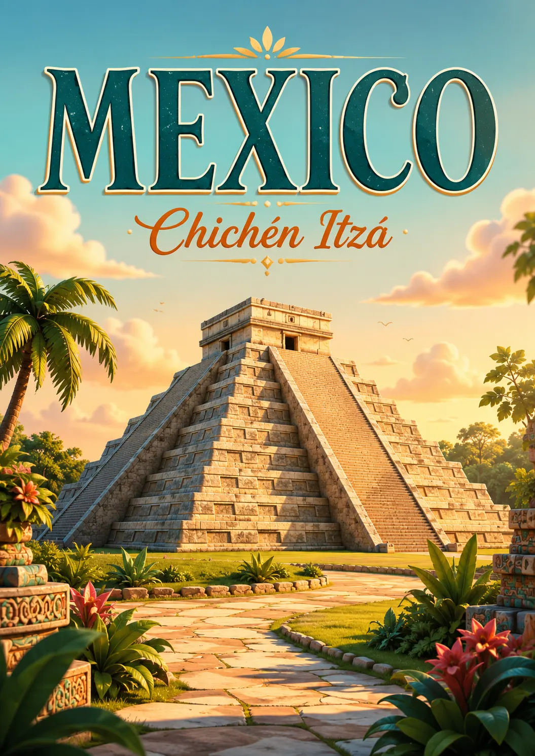 Chichén Itzá Mexico Cinematic 3D Cartoon Travel Poster printable poster preview