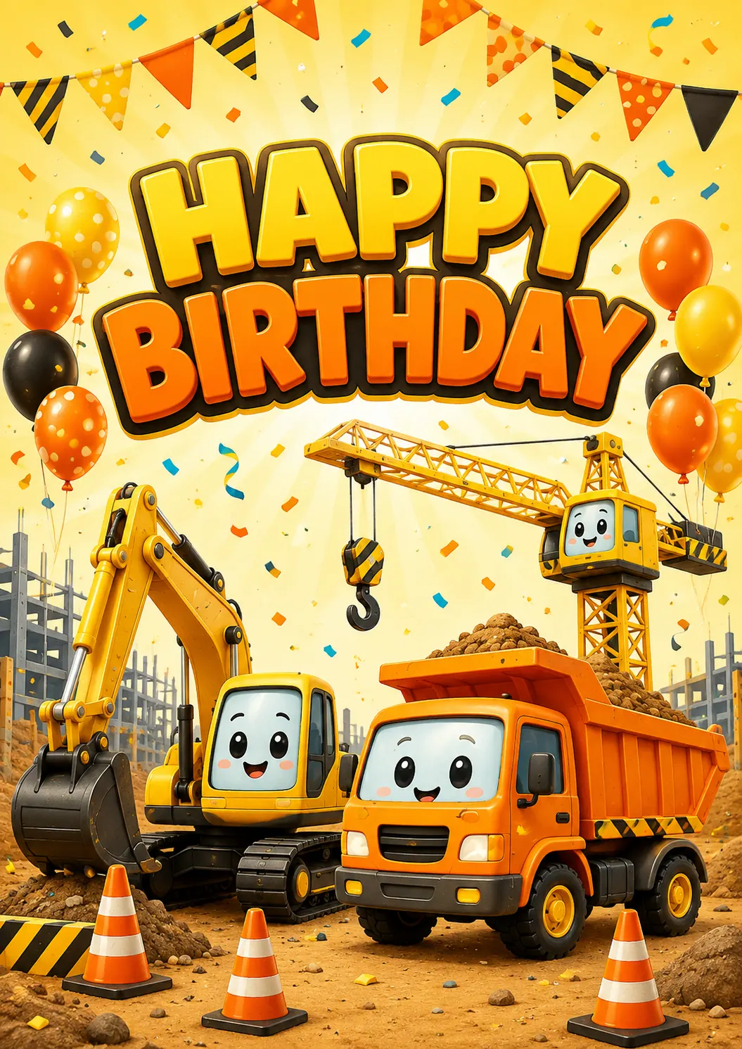 ハッピーバースデー建設車両の子供の誕生日ポスターの印刷プレビュー