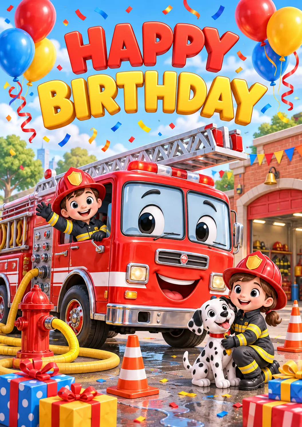 Druckvorschau für Kindergeburtstags-Poster: Feuerwehrrettung