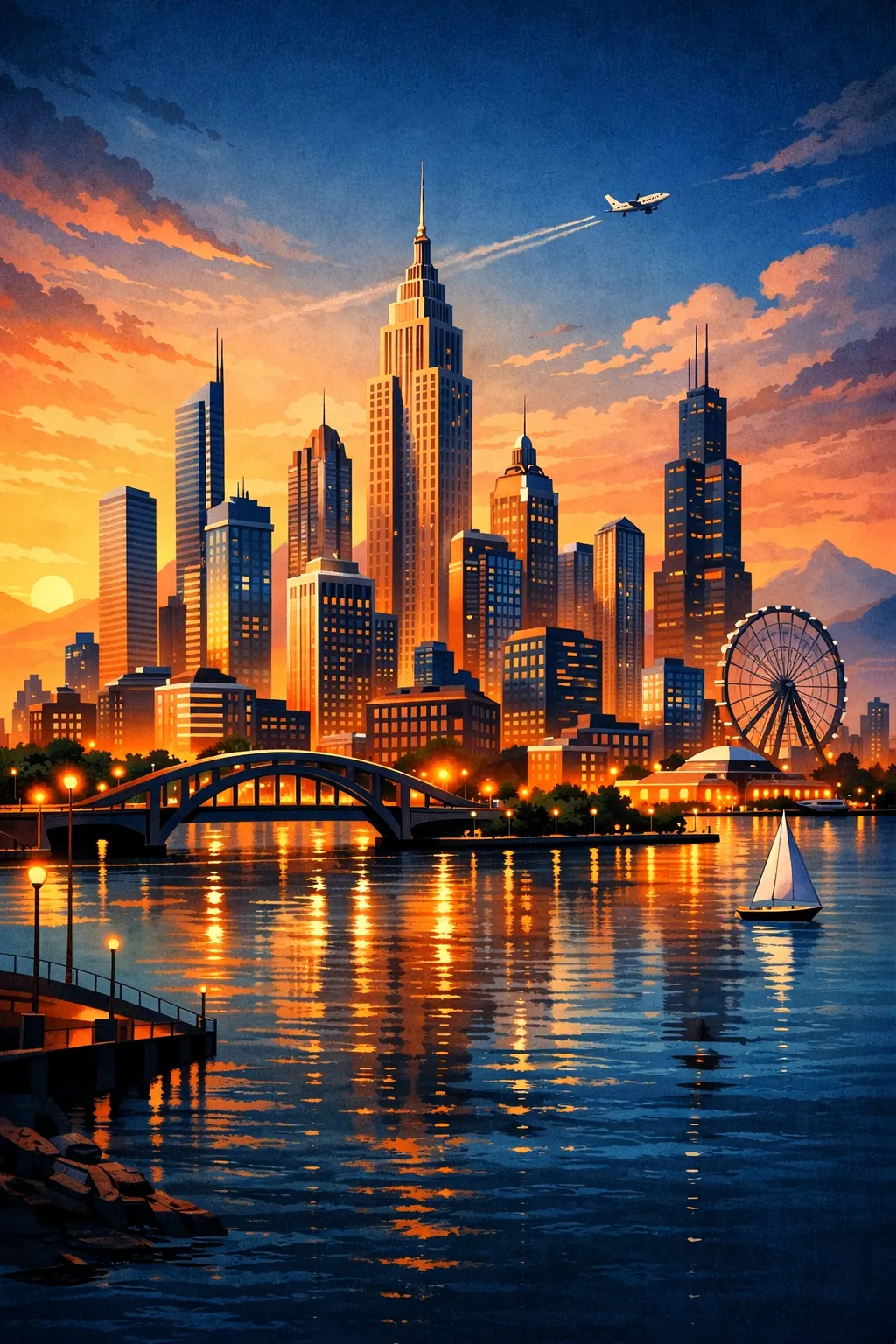 Druckvorschau für Illustrierter Sonnenuntergang über der Skyline der Stadt