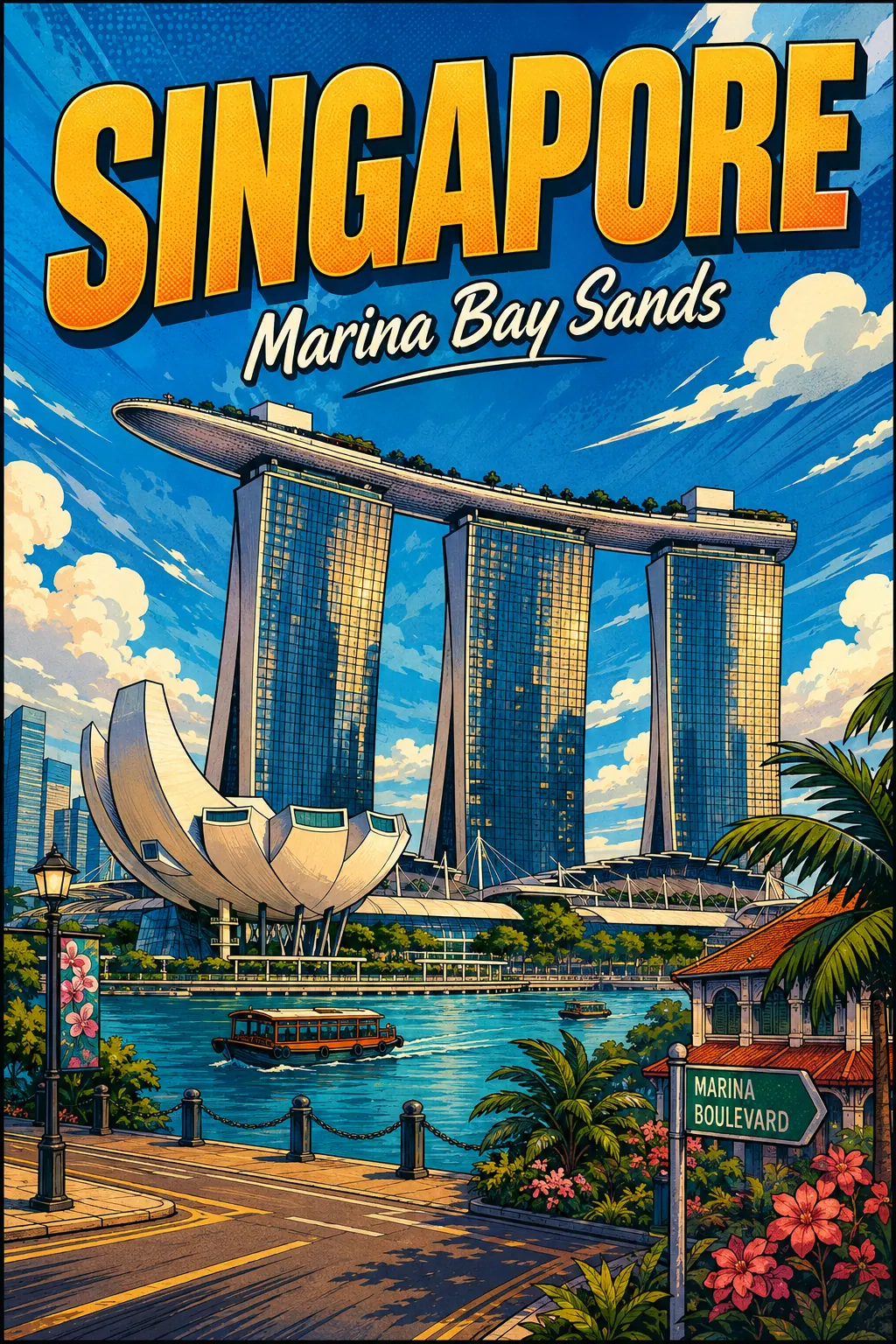 Druckvorschau für Marina Bay Sands Singapur Comic Illustration Reiseposter