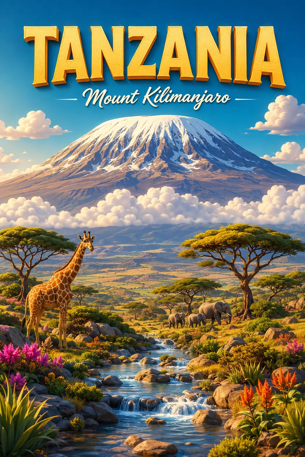 Pratinjau cetak Poster Alam Kartun 3D Sinematik Gunung Kilimanjaro Tanzania