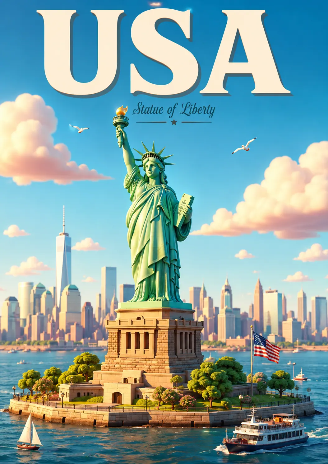 Statue of Liberty United States Cinematic 3D Cartoon Travel Poster printable poster preview