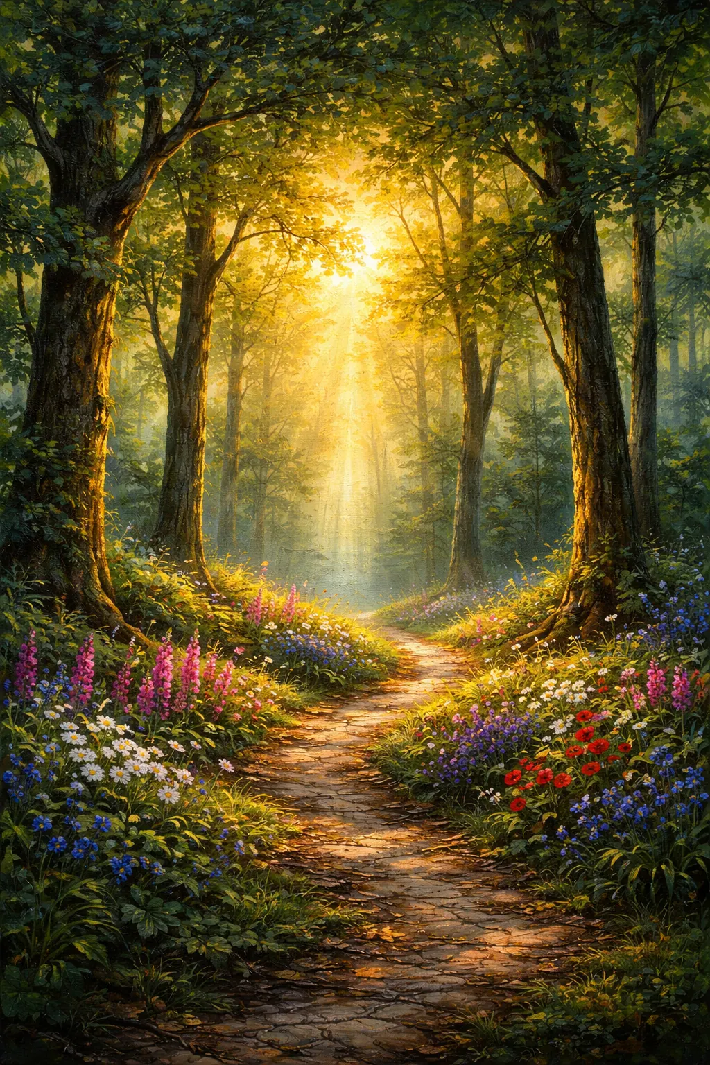 Vista previa imprimible de Arte de pared con sendero en el bosque iluminado por el sol