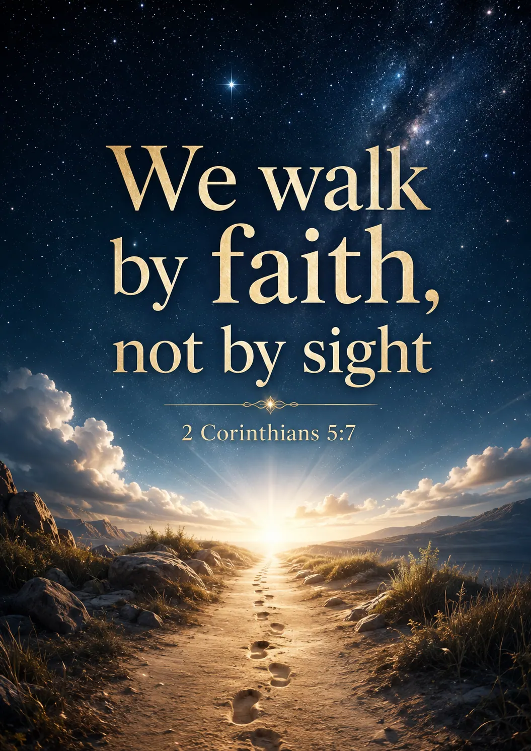 Druckvorschau für Wir wandeln im Glauben, nicht im Schauen. 2. Korinther 5:7 Filmisches christliches Bibelvers-Poster