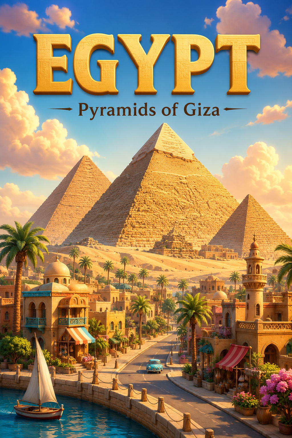 Pyramids of Giza Egypt Cinematic 3D Cartoon Travel Poster poster design preview