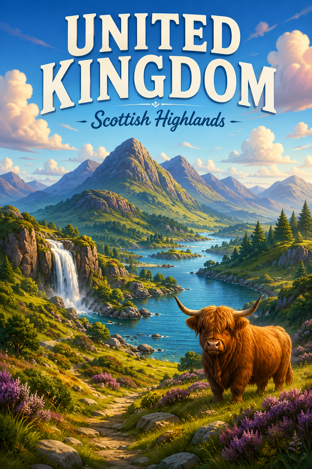 Scottish Highlands United Kingdom Cinematic 3D Cartoon Nature Poster poster design preview