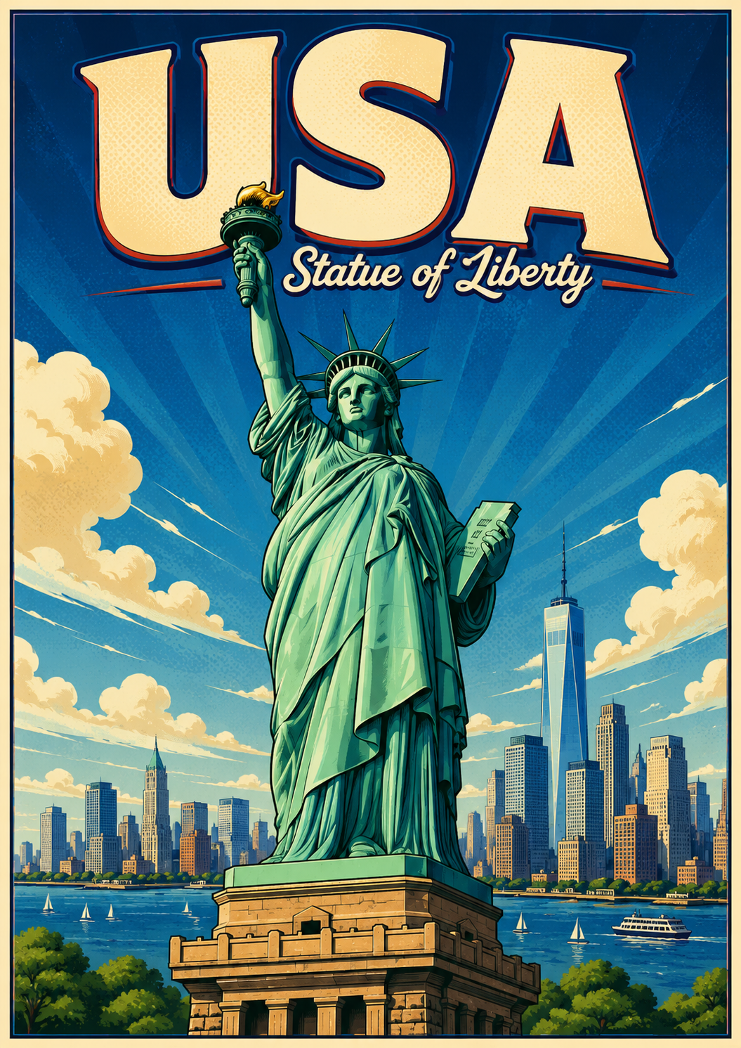 Statue of Liberty United States Comic Illustration Travel Poster poster design preview