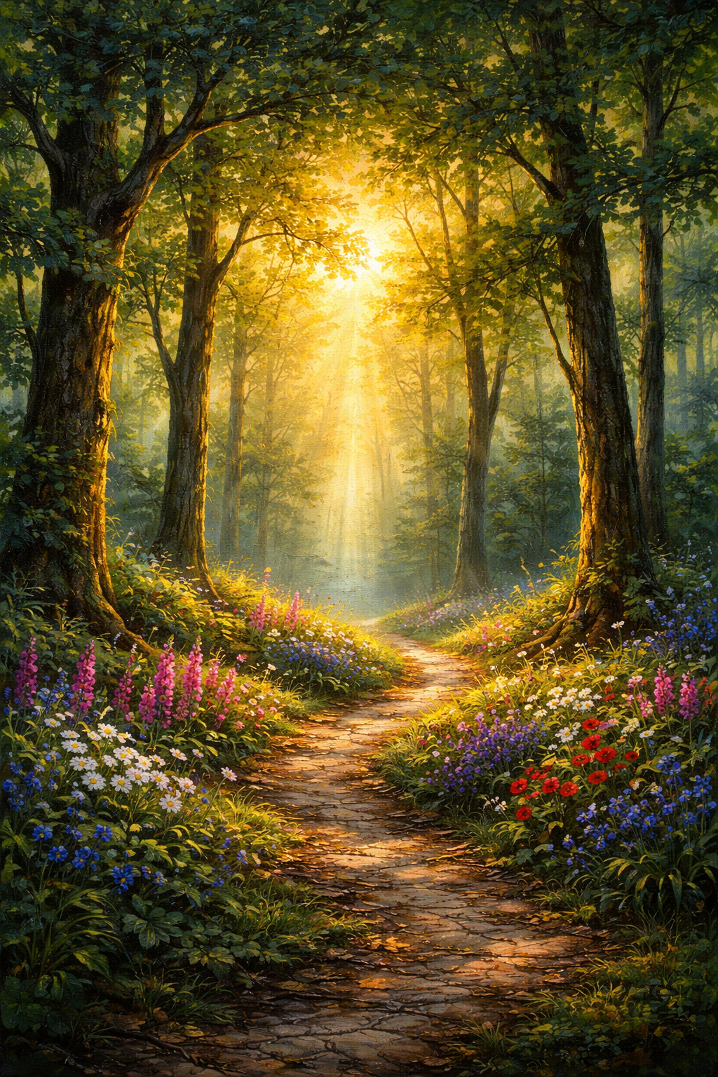Sunlit forest path wall art poster design preview