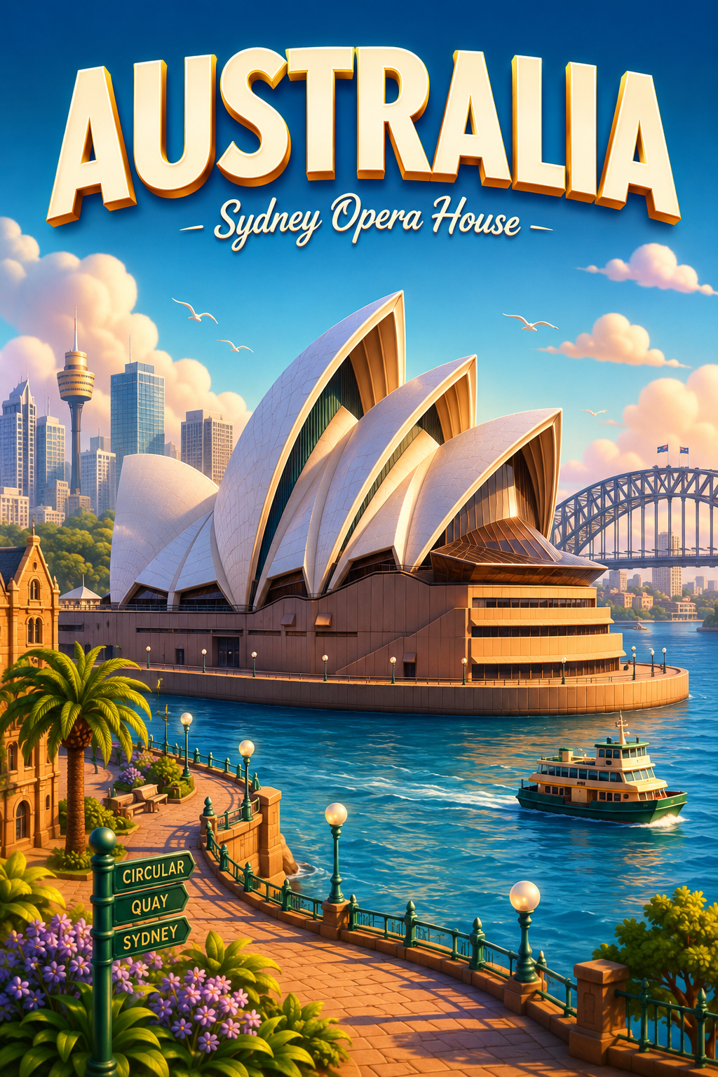 Sydney Opera House Australia Cinematic 3D Cartoon Travel Poster poster design preview