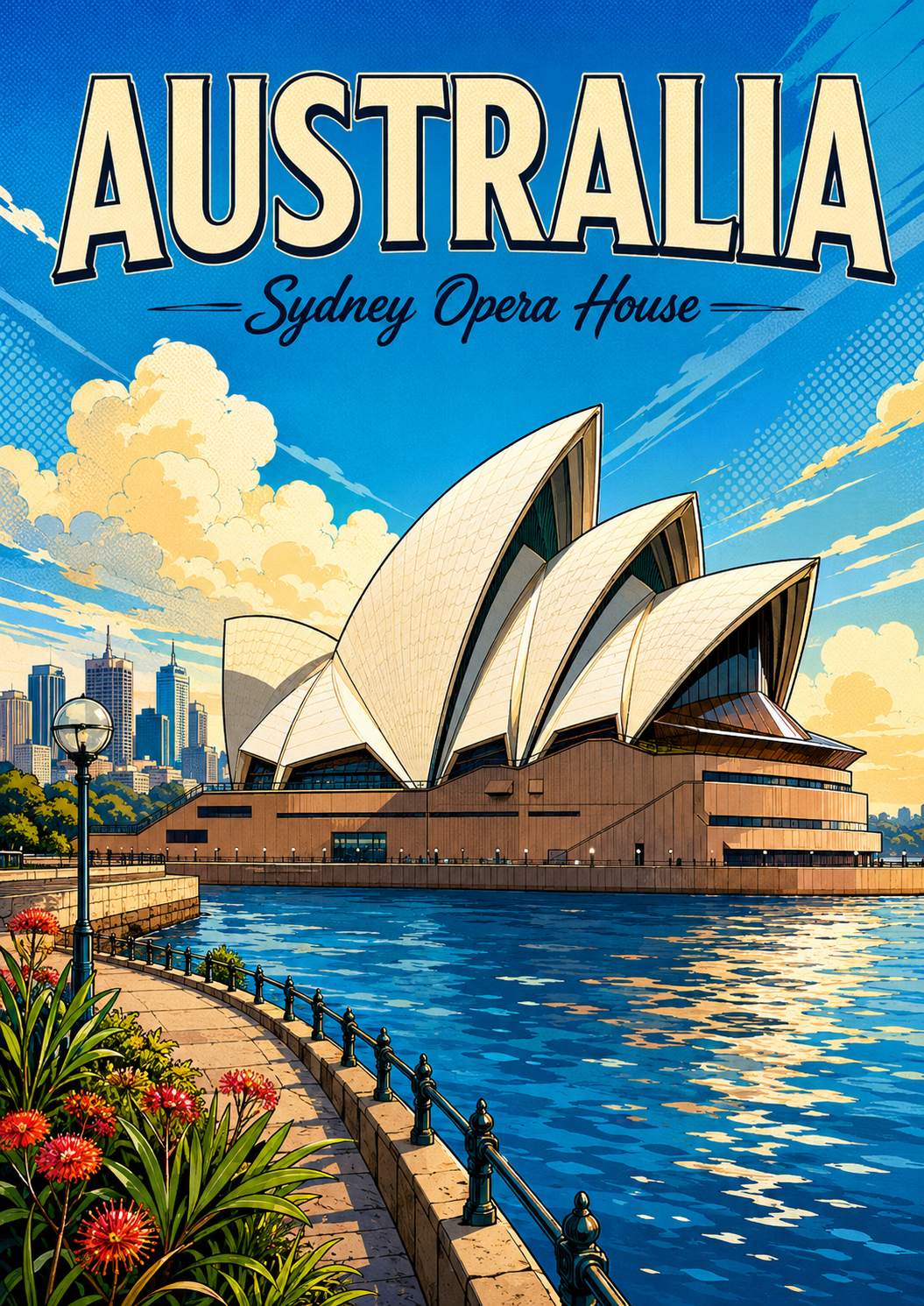 Poster Perjalanan Ilustrasi Komik Sydney Opera House Australia poster design preview