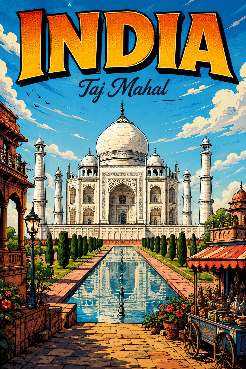 Poster Perjalanan Ilustrasi Komik Taj Mahal India poster design preview