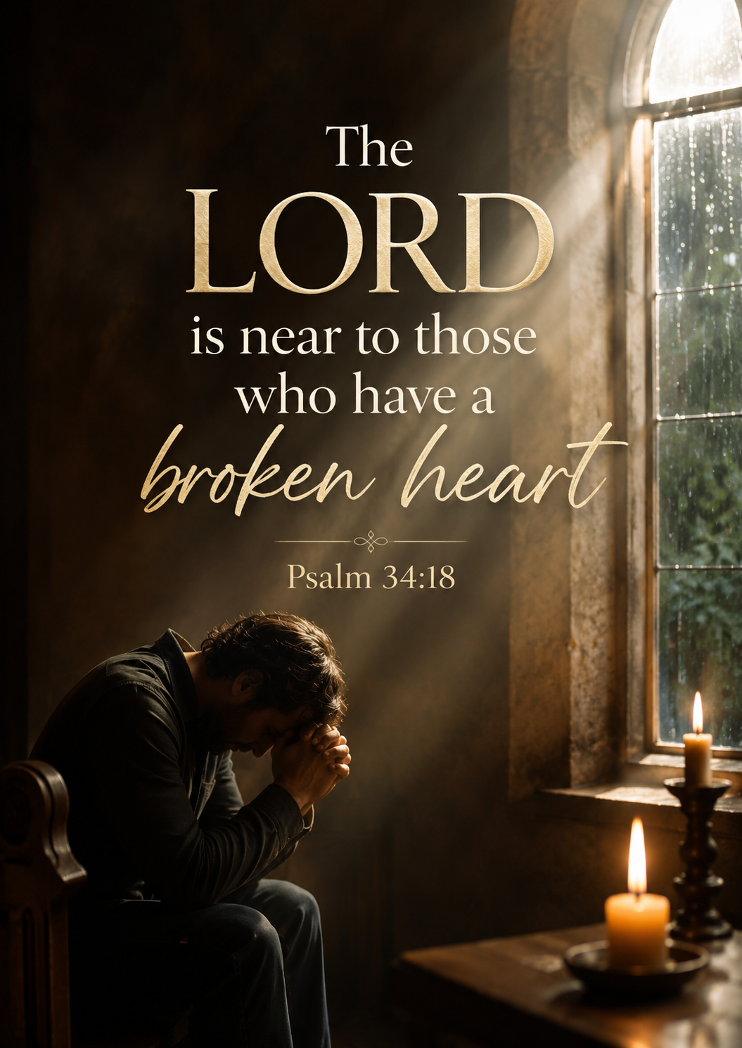 The LORD is near to those who have a broken heart Psalm 34:18 Cinematic Christian Bible Verse Poster poster design preview