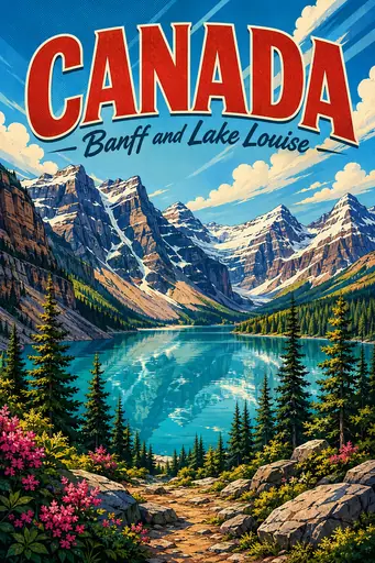 Banff and Lake Louise Canada Comic Illustration Nature Poster poster design preview