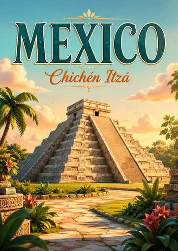 Chichén Itzá Mexico Cinematic 3D Cartoon Travel Poster poster design preview