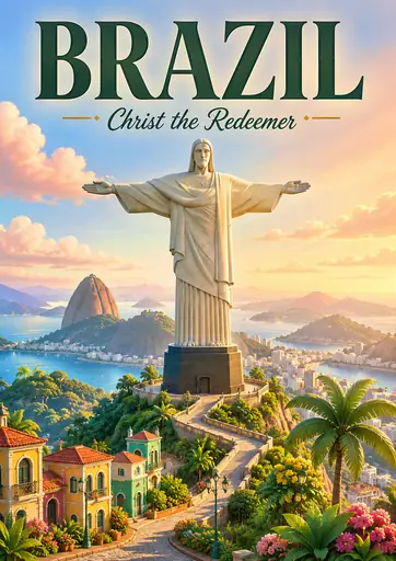 Christ the Redeemer Brazil Cinematic 3D Cartoon Travel Poster poster design preview