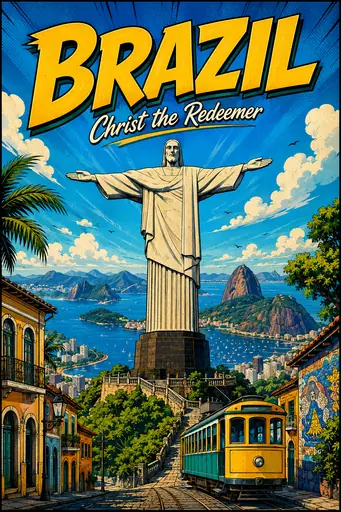 Christ the Redeemer Brazil Comic Illustration Travel Poster poster design preview