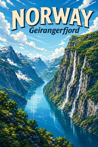 Geirangerfjord Norway Comic Illustration Nature Poster poster design preview