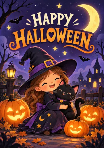 Happy Halloween Witch Cat Moonlight Cute Kids Poster poster design preview