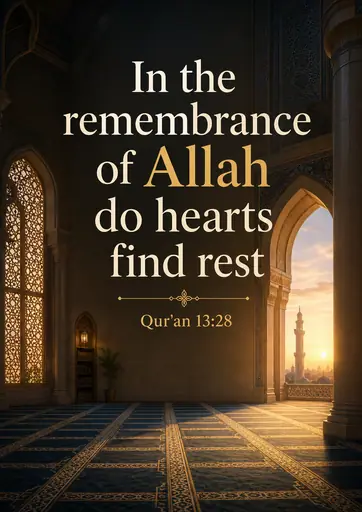 In the remembrance of Allah do hearts find rest 13:28 Cinematic Islamic Qur'an Verse Poster poster design preview