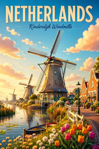 Kinderdijk Windmills Netherlands Cinematic 3D Cartoon Travel Poster poster design preview