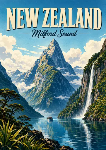Milford Sound New Zealand Comic Illustration Nature Poster poster design preview