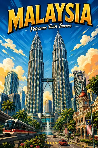 Petronas Twin Towers Malaysia Comic Illustration Travel Poster poster design preview