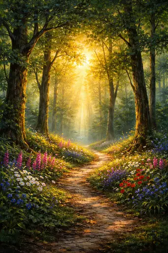Sunlit forest path wall art poster design preview