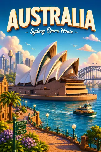 Sydney Opera House Australia Cinematic 3D Cartoon Travel Poster poster design preview