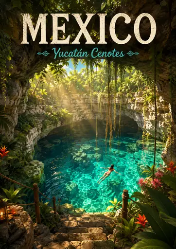Yucatán Cenotes Mexico Cinematic 3D Cartoon Nature Poster poster design preview