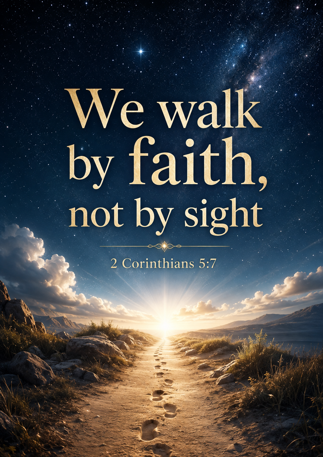Kita berjalan karena iman, bukan karena melihat 2 Korintus 5:7 Poster Ayat Alkitab Kristen Sinematik poster design preview